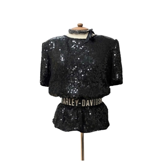 Vintage Designer Black Sequins & Silk Dressy Glam Top, Sz M - Picture 4 of 7